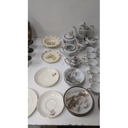 58 - Homeware to include a Chinese lacquerware cocktail set, a Japanese tea set, a Royal Doulton bunnykin... 