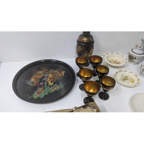 58 - Homeware to include a Chinese lacquerware cocktail set, a Japanese tea set, a Royal Doulton bunnykin... 