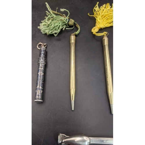 9 - Desktop collectables to include a mother of pearl handled pen knife, a pair of rolled gold cased pro... 