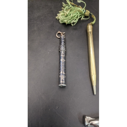9 - Desktop collectables to include a mother of pearl handled pen knife, a pair of rolled gold cased pro... 