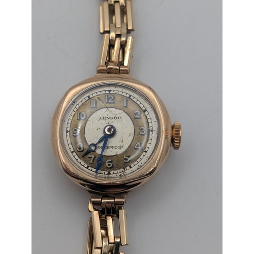 16 - A 9ct gold ladies Lenroc wristwatch on a rolled gold bracelet, total weight 12.5g Location:C1
If the... 
