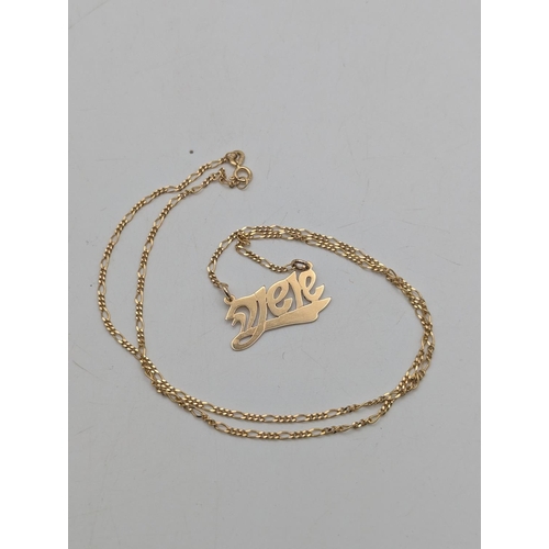 25 - A 14ct yellow gold figaro necklace with name pendant on a spring ring clasp, 47cm L, weight 3.7g
Loc... 