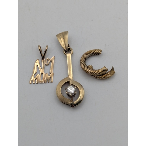 30 - Two yellow metal pendants to include a diamond set drop example tested as 14ct gold 1.5g, a No1 Mum ... 