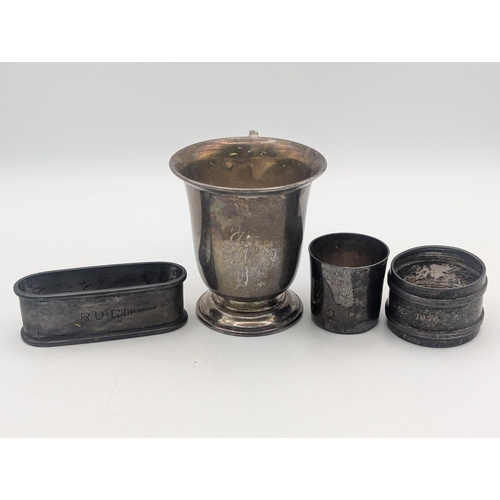 43 - Mixed silver items to include a French brandy tester, a Christening cup with engraved inscription to... 