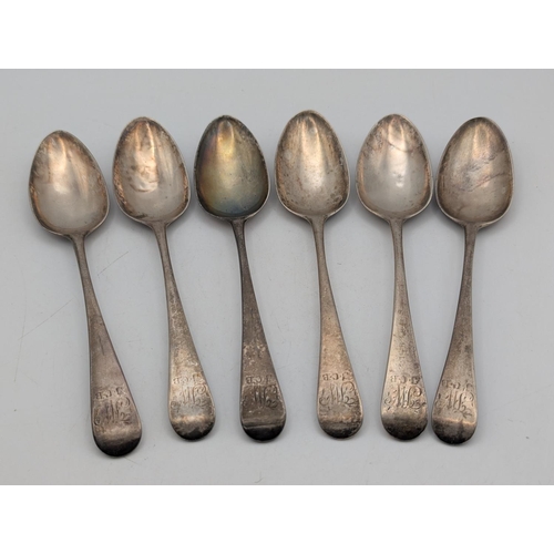 57 - A set of six George the III silver spoons with engraved initials to the terminals hallmarked London ... 