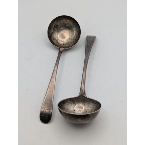 58 - Two silver ladles both with engraved initials to the terminals, one hallmarked London 1782, total we... 