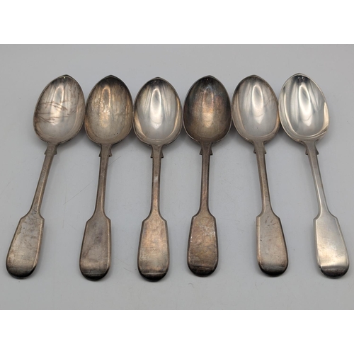 60 - A set of six Victorian silver fiddle pattern table spoons hallmarked London 1895 by Robert Pringle a... 