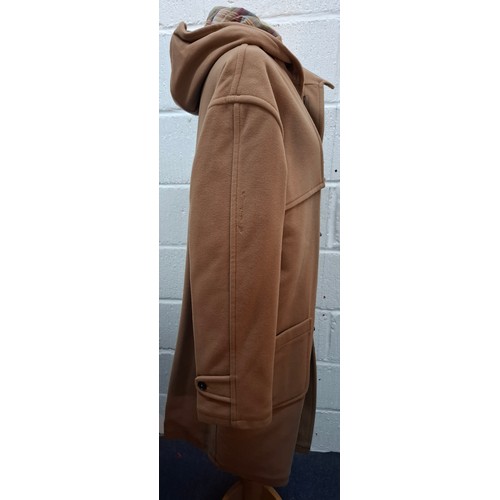 12 - Mulberry- A brown wool duffle coat A/F having branded horn buttons, hood and tartan lining, size XL ... 