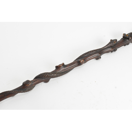 11 - A late 19th/early 20th century hardwood carved walking stick, the shaft carved in relief with a clim... 