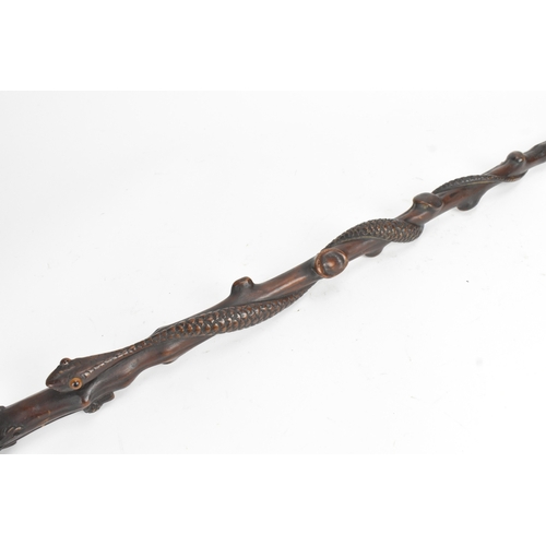 11 - A late 19th/early 20th century hardwood carved walking stick, the shaft carved in relief with a clim... 