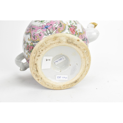 16 - A Chinese Canton famille rose teapot, late 19th century, of baluster form, enamelled with shaped pan... 