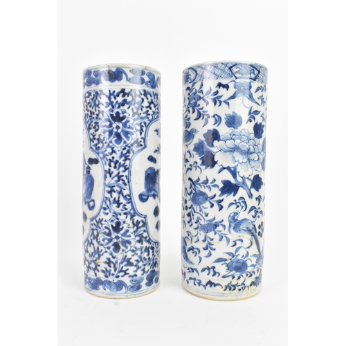 4 - Two Chinese blue and white porcelain cylindrical vases, late Qing dynasty / Republic period, one dec... 