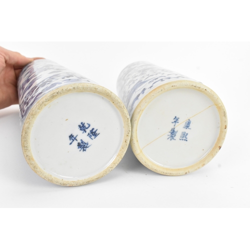 4 - Two Chinese blue and white porcelain cylindrical vases, late Qing dynasty / Republic period, one dec... 