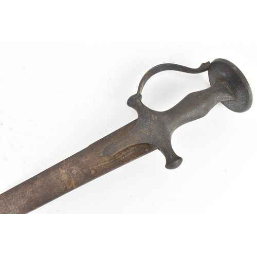 43 - A 19th century Indian tulwar sword, the curved single-edged steel blade with a disc pommel hilt, eng... 