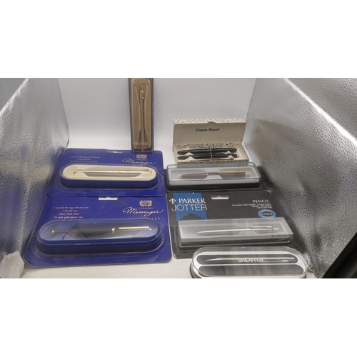 49 - Boxed pens to include a Conway Stewart writing set A/F, a Parker Jotter, a pair of Messenger rollerb... 