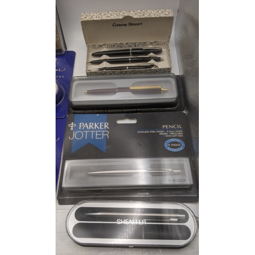 49 - Boxed pens to include a Conway Stewart writing set A/F, a Parker Jotter, a pair of Messenger rollerb... 