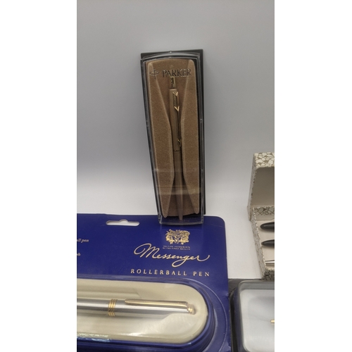 49 - Boxed pens to include a Conway Stewart writing set A/F, a Parker Jotter, a pair of Messenger rollerb... 