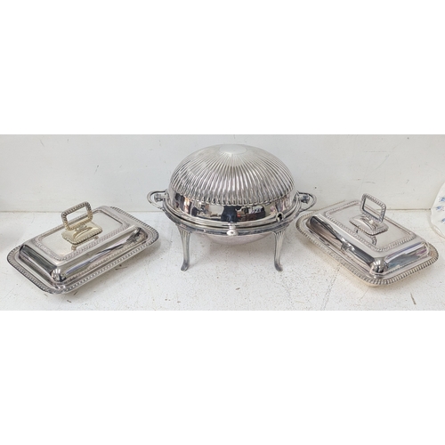 387 - Silver plated items to include a roll-top serving dish having a ribbed dome lid, twin handles on fou... 