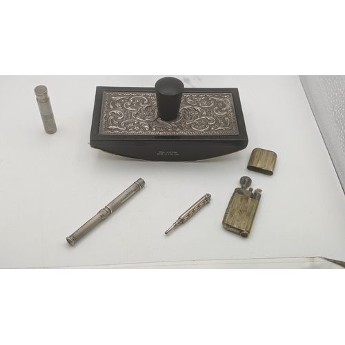55 - Vintage desk items to include a silver topped ink blotter, a white metal S Mordan & Co propelling pe... 