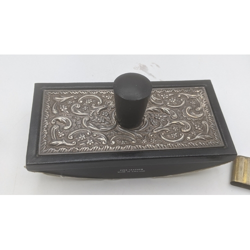 55 - Vintage desk items to include a silver topped ink blotter, a white metal S Mordan & Co propelling pe... 