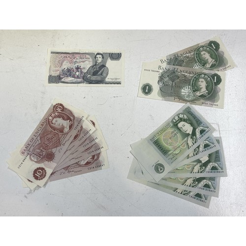 97 - A collection of Bank of England bank notes, to include two 1 pound notes, five one pound notes in se... 