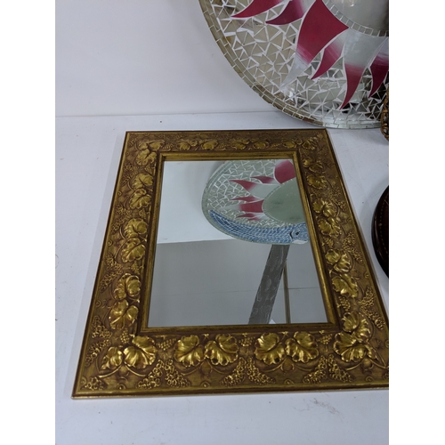 30 - Six mirrors to include a circular round mosaic style example, examples in a gilt frame and an inlaid... 