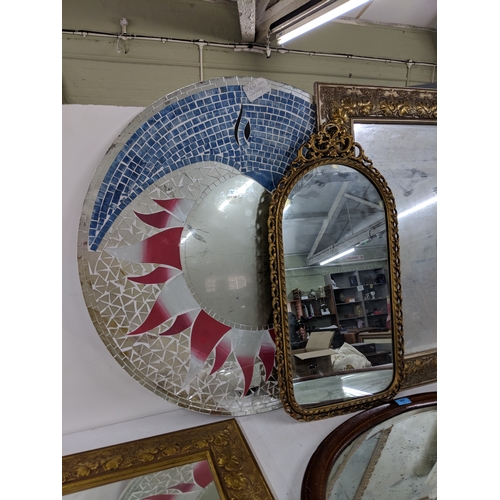 30 - Six mirrors to include a circular round mosaic style example, examples in a gilt frame and an inlaid... 