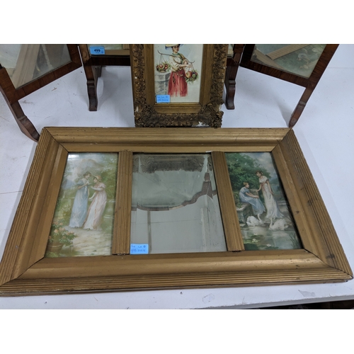 46 - Mirrors to include a late 1800s/ early 1900s triptych mirror, along with a panelled mirror depicting... 