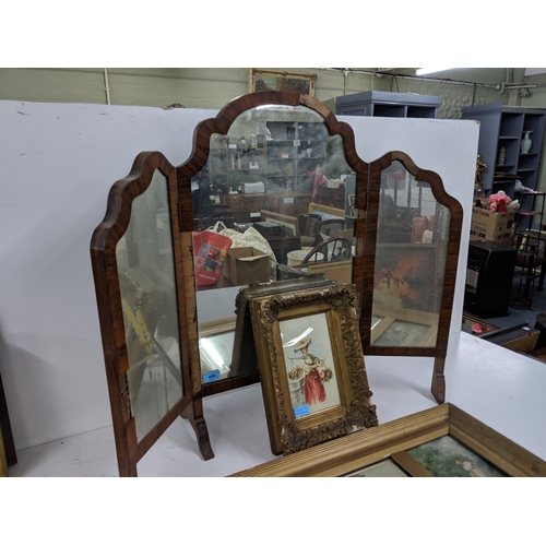 46 - Mirrors to include a late 1800s/ early 1900s triptych mirror, along with a panelled mirror depicting... 