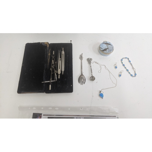24 - Mixed collectables to include a silver necklace, pendant, a pair of earrings, and a bracelet, three ... 