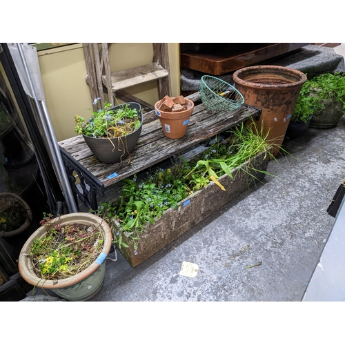 262 - A selection of weathered garden concrete and terracotta planters and pots, to include a concrete tro... 