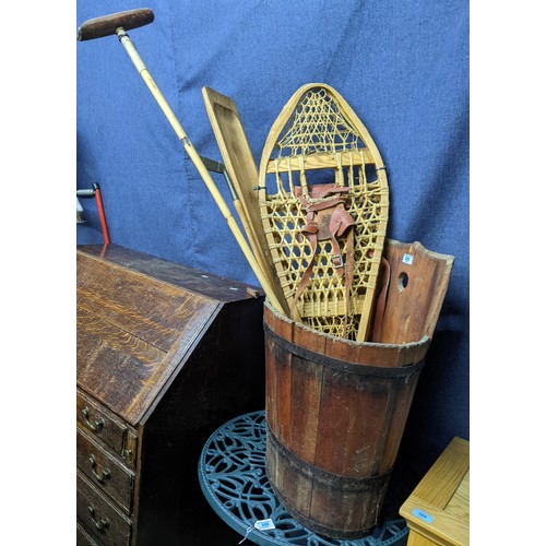 272 - Antique pine grape hod with coopered iron banding, a pair of wooden Torpedo snow shoes, a polo stick... 
