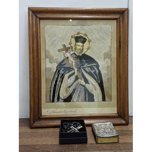 190 - A vintage sample/embroidery depicting Saint John of Nepomuk, framed and glazed along with rosary bea... 