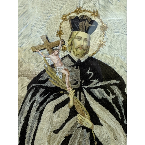 190 - A vintage sample/embroidery depicting Saint John of Nepomuk, framed and glazed along with rosary bea... 