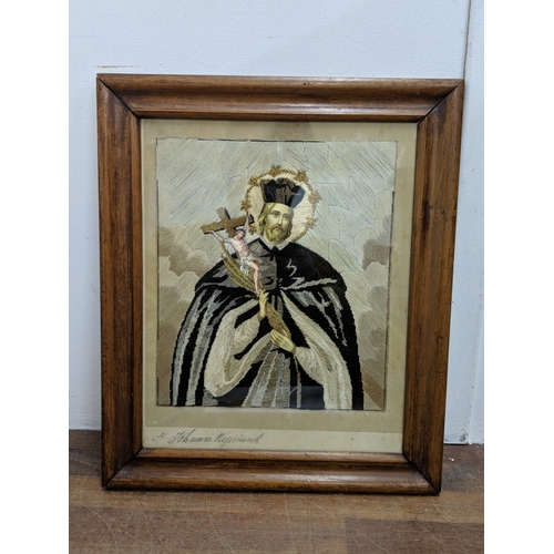 190 - A vintage sample/embroidery depicting Saint John of Nepomuk, framed and glazed along with rosary bea... 