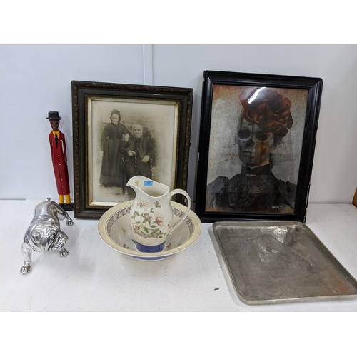 199 - Interior decorators items to include a model dog, a jug and bowl, a cast metal tray, a warming pan, ... 