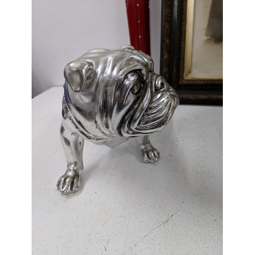 199 - Interior decorators items to include a model dog, a jug and bowl, a cast metal tray, a warming pan, ... 