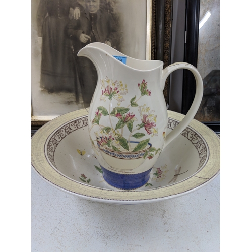 199 - Interior decorators items to include a model dog, a jug and bowl, a cast metal tray, a warming pan, ... 