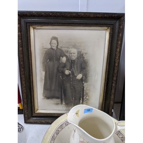199 - Interior decorators items to include a model dog, a jug and bowl, a cast metal tray, a warming pan, ... 
