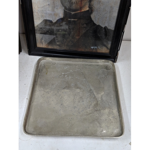 199 - Interior decorators items to include a model dog, a jug and bowl, a cast metal tray, a warming pan, ... 