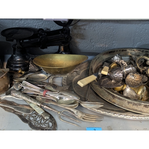 2 - Mixed metalware to include a brass watering can, assorted cutlery and EPNS, items 
Location:9-5
If t... 