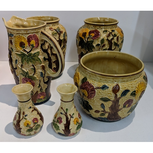 202 - Hand painted Indian Tree pattern Staffordshire Pottery to include two large vases, two small vases, ... 