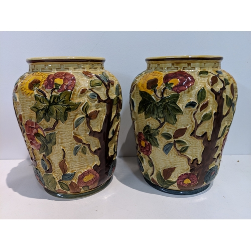 202 - Hand painted Indian Tree pattern Staffordshire Pottery to include two large vases, two small vases, ... 
