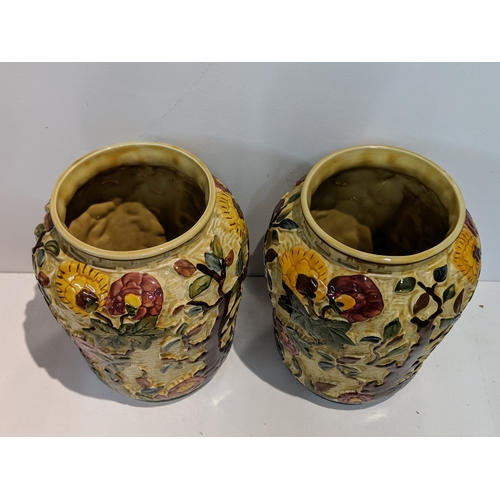 202 - Hand painted Indian Tree pattern Staffordshire Pottery to include two large vases, two small vases, ... 