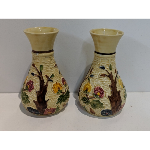 202 - Hand painted Indian Tree pattern Staffordshire Pottery to include two large vases, two small vases, ... 