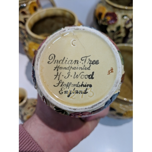 202 - Hand painted Indian Tree pattern Staffordshire Pottery to include two large vases, two small vases, ... 