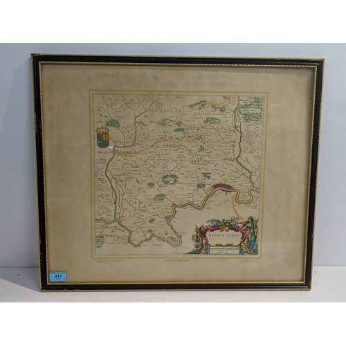 211 - A reproduction map printed by John Bartholomew & Son Ltd displaying Middlesex (Middle-Sexia) framed ... 