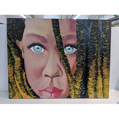 216 - A modern portrait of a young woman oil on canvas signed indistinctly not framed or glazed 91 x 71cm ... 