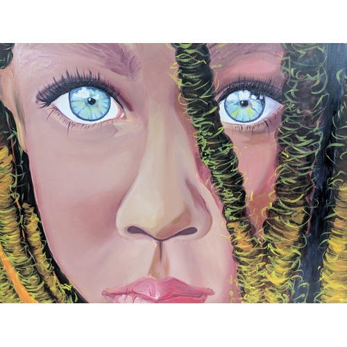 216 - A modern portrait of a young woman oil on canvas signed indistinctly not framed or glazed 91 x 71cm ... 