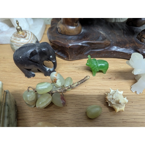 326 - Collectables to include a hardwood carved elephant sculpture signed to the base, a pair of white mar... 